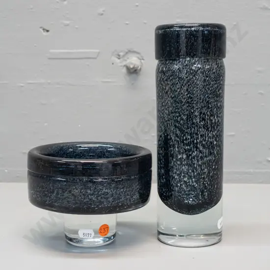 2 smokey blue-grey fleck and clear art glass vases - squat bowl vase has small chips to edge and base, taller is H-240
