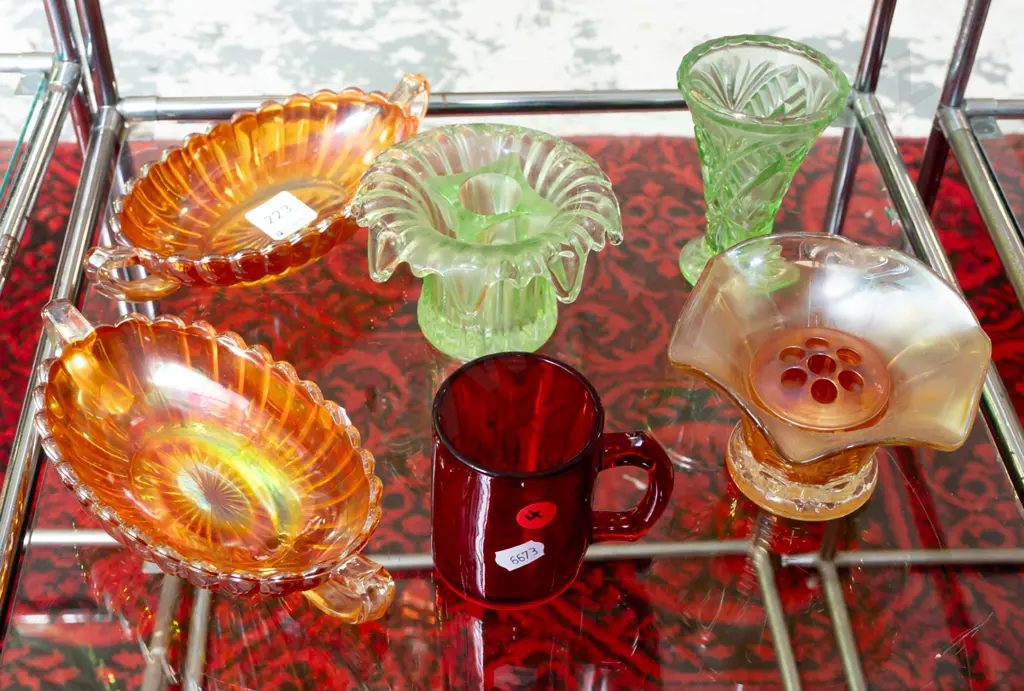assorted glass ware - red Dunedin Exhibition 1925-26 small mug, 2 carnival glass dishes, vases with frogs, etc. - some Image 1++