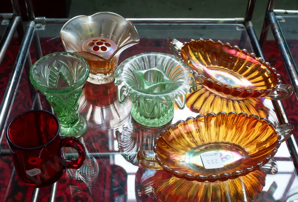 assorted glass ware - red Dunedin Exhibition 1925-26 small mug, 2 carnival glass dishes, vases with frogs, etc. - some Image 1++