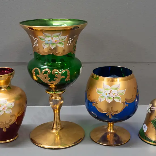 4 pieces of vintage coloured Italian and Bohemian glass - green goblet has wear to gilt, blue goblet has small chip to
