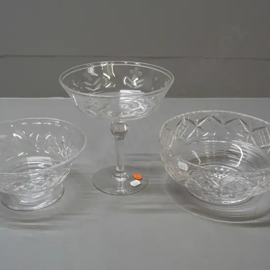 3 Stuart cut crystal items - salad bowl, round-footed bowl and comport H-180 D-165