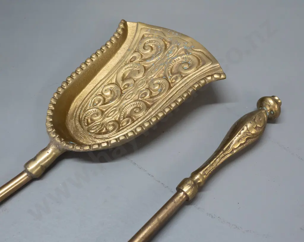 hand beaten brass conical handled coal scuttle or fireside holder with assorted fireside tools - cast brass brush and Image 1++