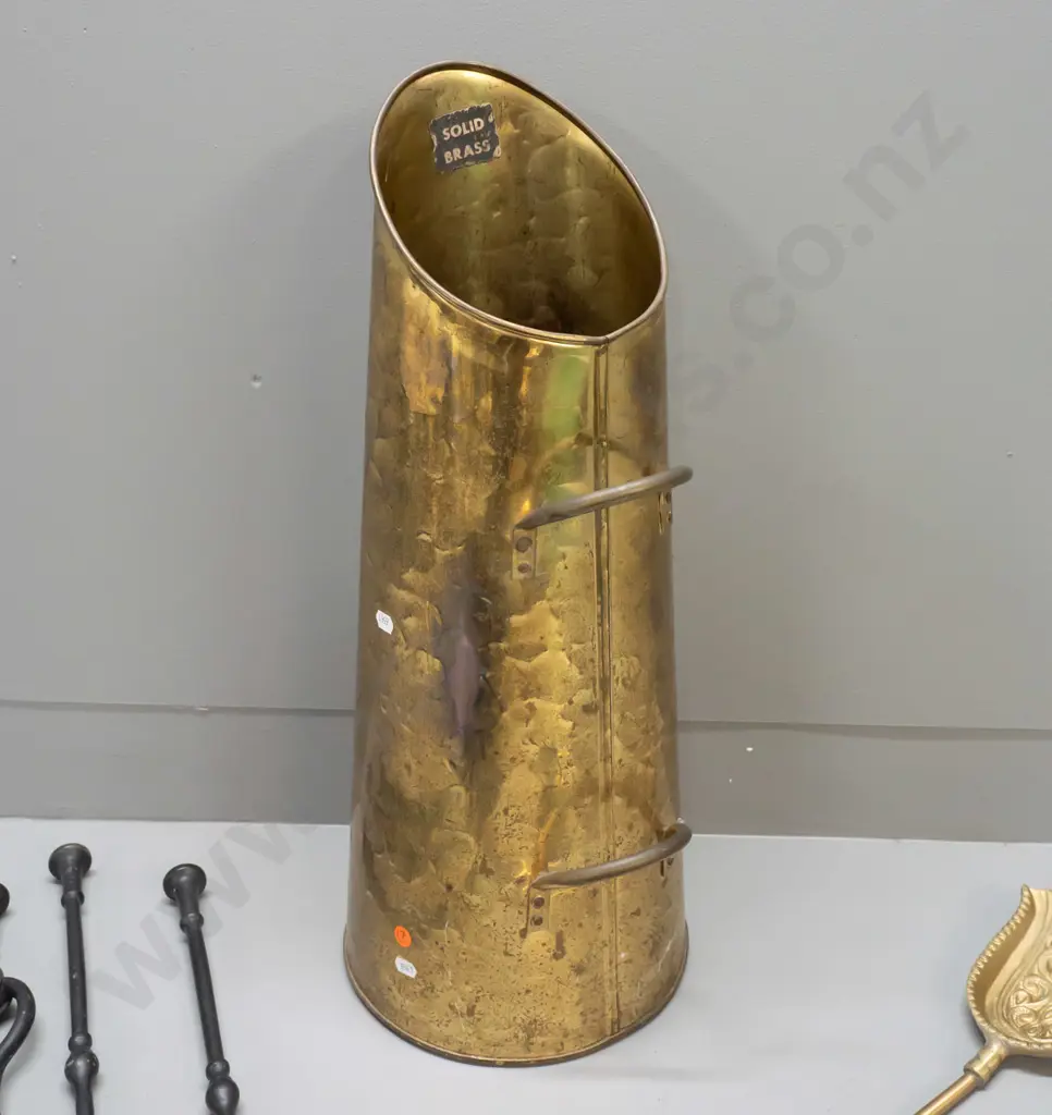 hand beaten brass conical handled coal scuttle or fireside holder with assorted fireside tools - cast brass brush and Image 1++