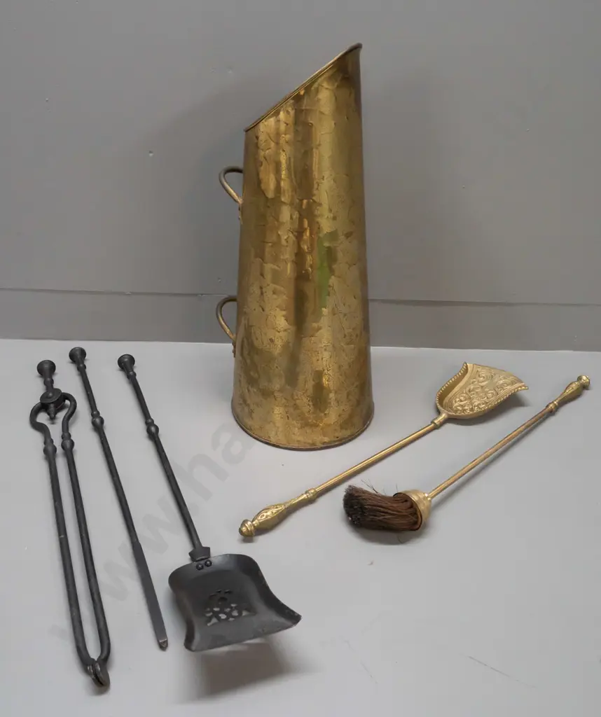 hand beaten brass conical handled coal scuttle or fireside holder with assorted fireside tools - cast brass brush and Image 1++