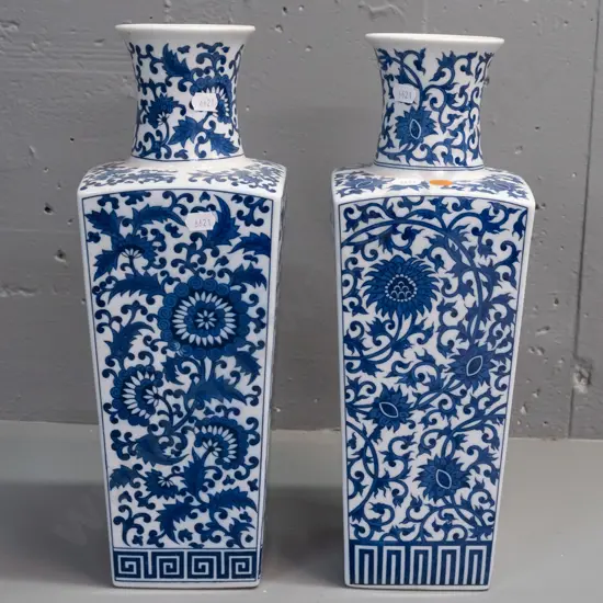 pair of Chinese blue and white floral motif slab sided bottle vases H-360 120x120 at widest