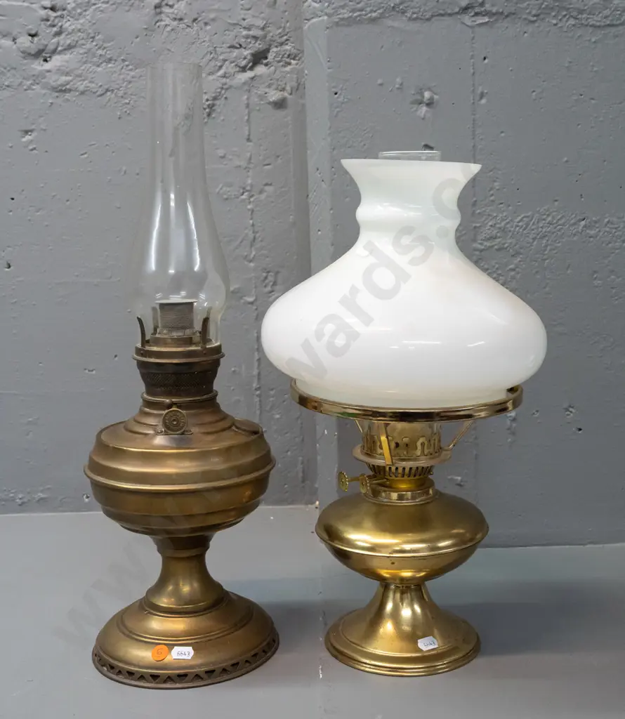 2 kerosene lanterns - both with clear glass chimneys, one with milk glass shade, no maker's mark, other marked "Made In Image 1++