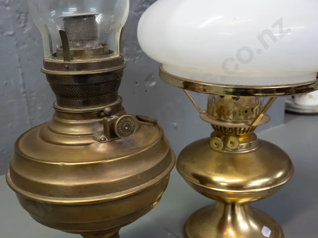 2 kerosene lanterns - both with clear glass chimneys, one with milk glass shade, no maker's mark, other marked "Made In Image 1++