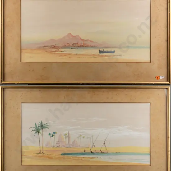 2x framed watercolours - Middle Eastern scenes Each H240 W480 (foxing to mat and under side of glass of both)