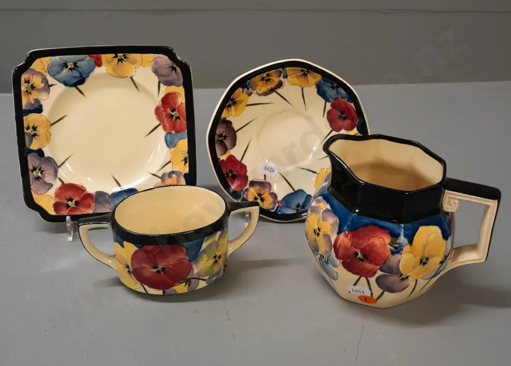 4 pieces of Royal Dolton Pansy pattern china - jug H-120, double handled sugar bowl, plate, saucer - some crazing inside Image 1++