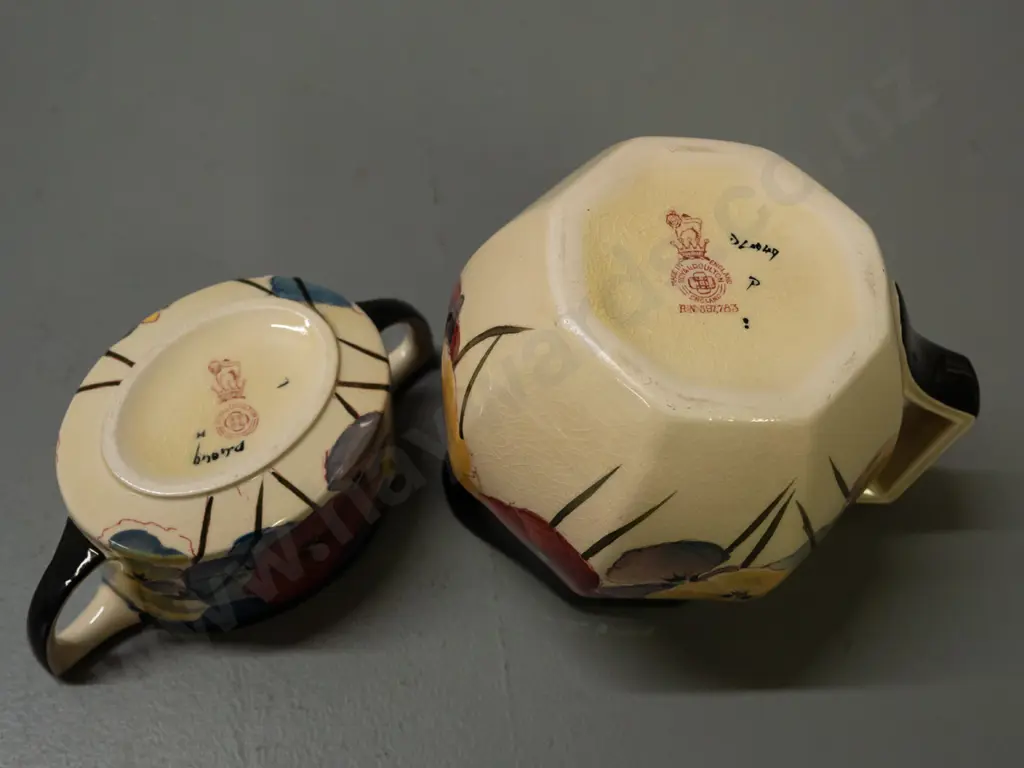 4 pieces of Royal Dolton Pansy pattern china - jug H-120, double handled sugar bowl, plate, saucer - some crazing inside Image 1++