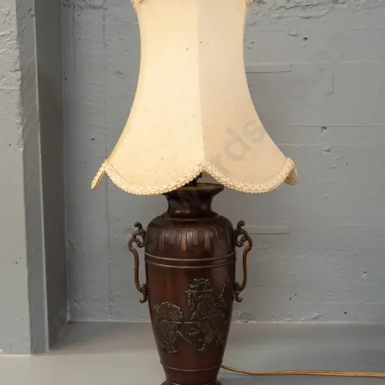 cast metal (brass?) urn shaped lamp with bronze patina finish - dragon, musician, flower and butterfly motifs - with