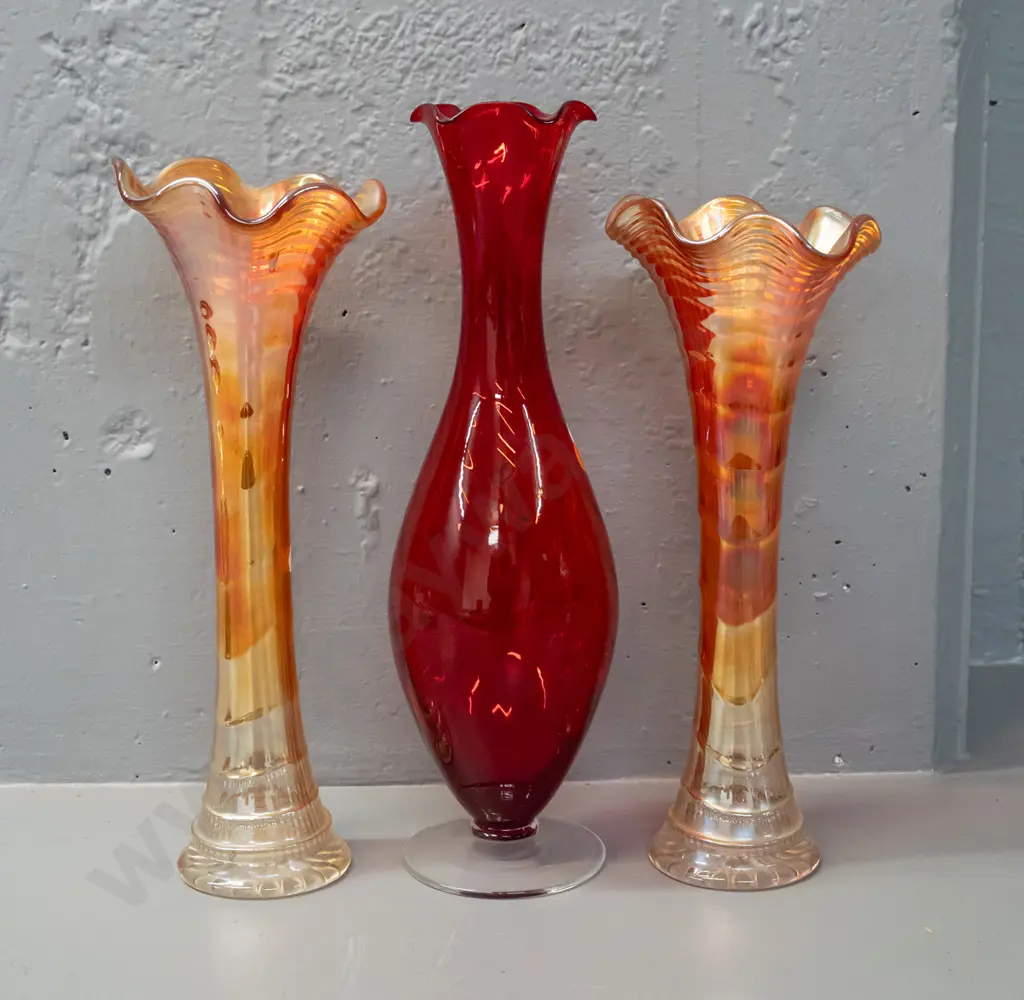 3 tall glass vases - 2 frilled top marigold carnival glass, slightly different heights & red on clear footed base H-325 Image 1++
