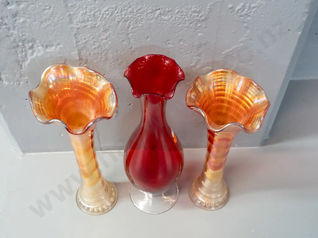3 tall glass vases - 2 frilled top marigold carnival glass, slightly different heights & red on clear footed base H-325 Image 1++