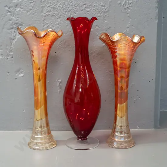 3 tall glass vases - 2 frilled top marigold carnival glass, slightly different heights & red on clear footed base H-325