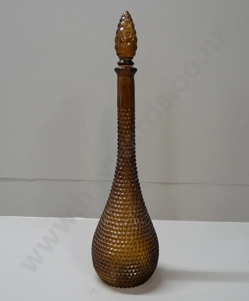 retro dark amber moulded glass genie bottle - wear to plastic stopper liner H-480 Image 1++