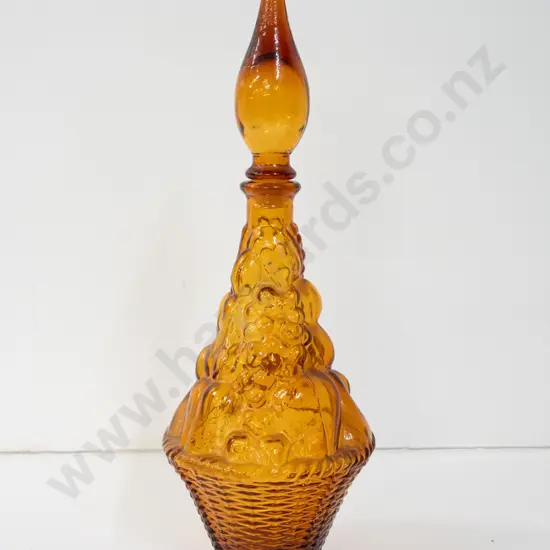amber glass moulded genie bottle with stylized basket of fruit decoration H420