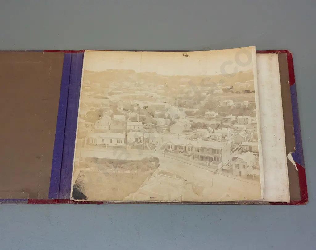 vintage hard cover folio-bound photographic Panorama of Dunedin - 1879 Walter J. Burton. Photos have uneven fading, wear Image 1++
