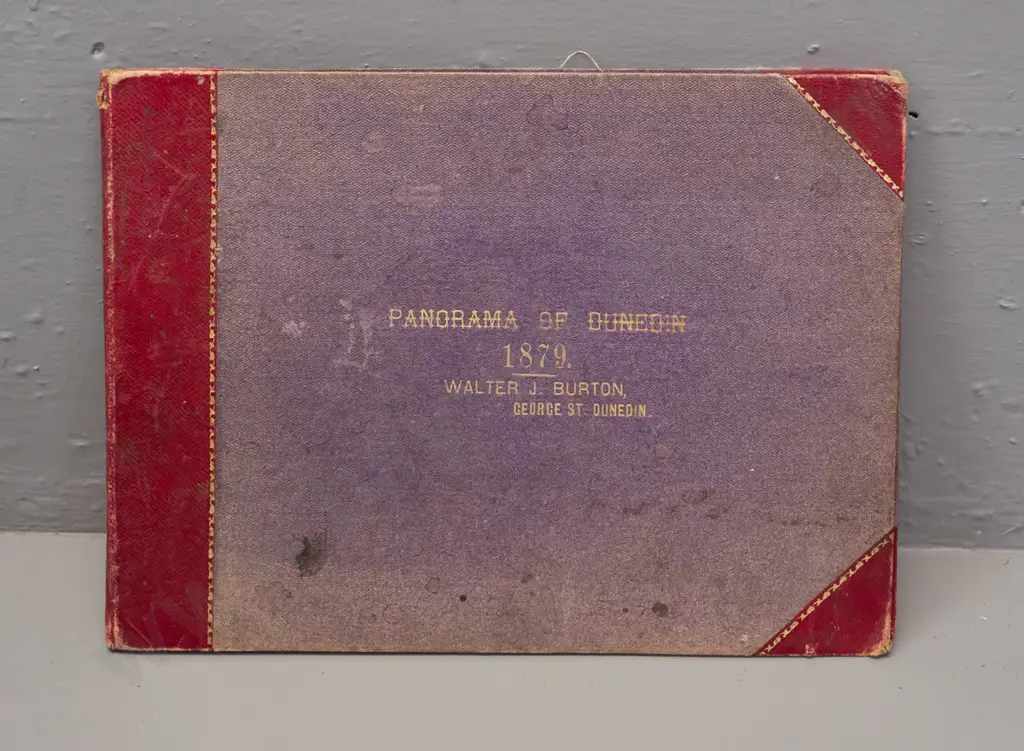 vintage hard cover folio-bound photographic Panorama of Dunedin - 1879 Walter J. Burton. Photos have uneven fading, wear Image 1++