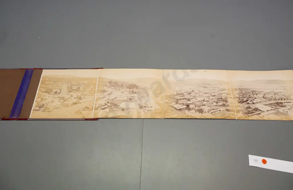 vintage hard cover folio-bound photographic Panorama of Dunedin - 1879 Walter J. Burton. Photos have uneven fading, wear Image 1++