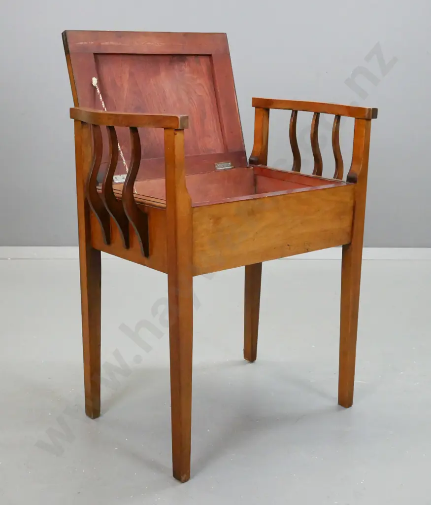 arts & crafts style vintage piano stool in beech with upholstered lift up lid, fraying to gimp around edge Image 1++