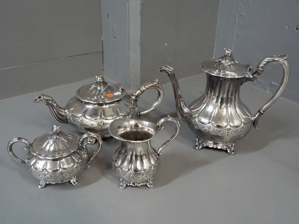 silver plated teapot, coffee pot, cream & sugar - marked Rogers, hand-chased, made in Canada, electro-plated copper. Image 1++