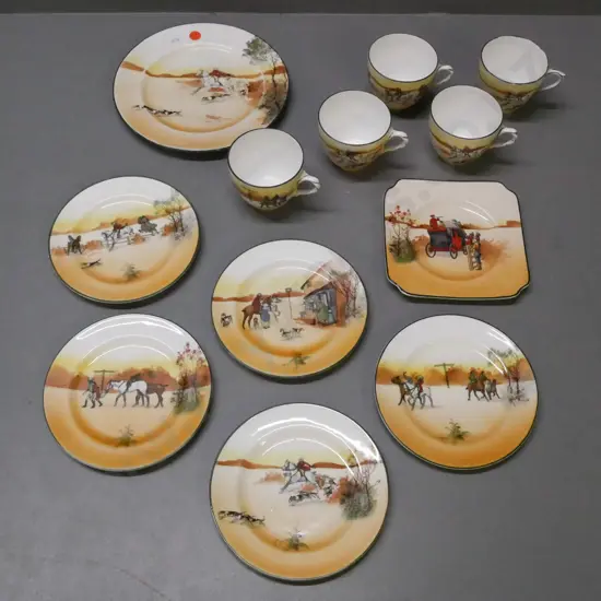 Royal Doulton hunting scene: 5x small plates, larger plate, square plate, 5x teacups. Larger plate has some scratching