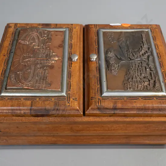 vintage musical cigarette box / humidor - 2 hinged lids w/ copper plated cast metal Italian scenes marked "R. Vietata"