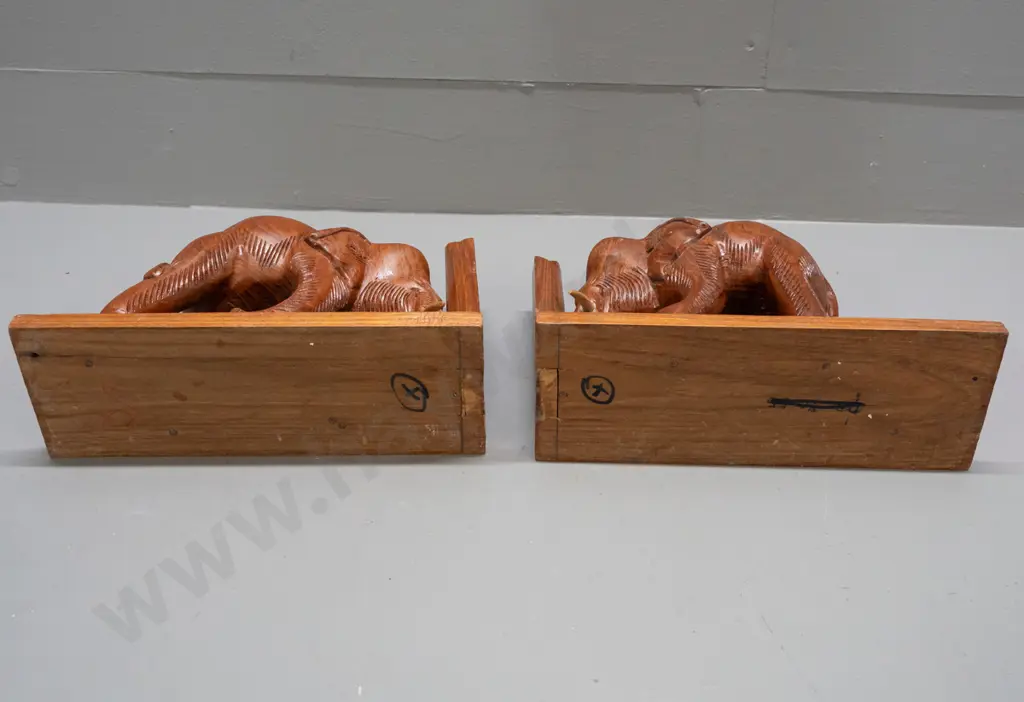 pair of carved teak elephant book-ends with stepped ends, timber tusks H-180 L-230 W-85 Image 1++
