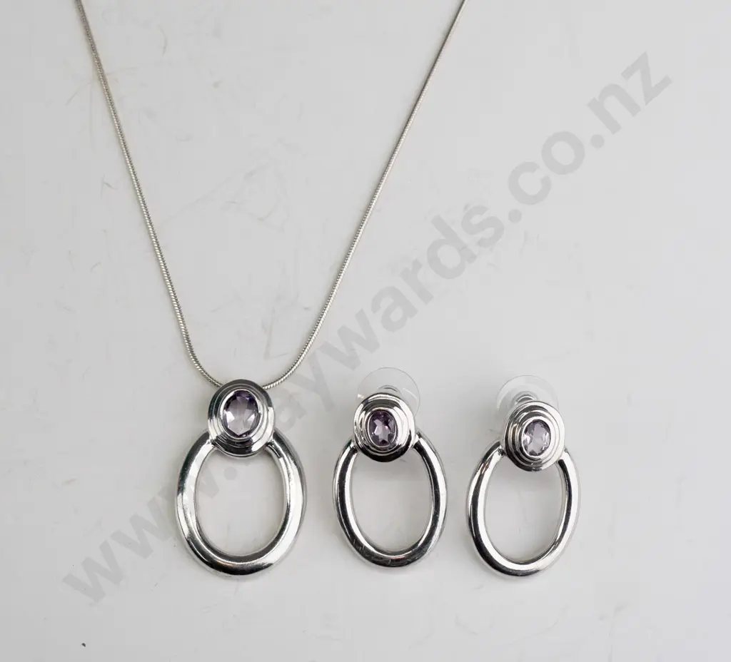 silver / amethyst necklace & earring set stamped 925 Image 1++