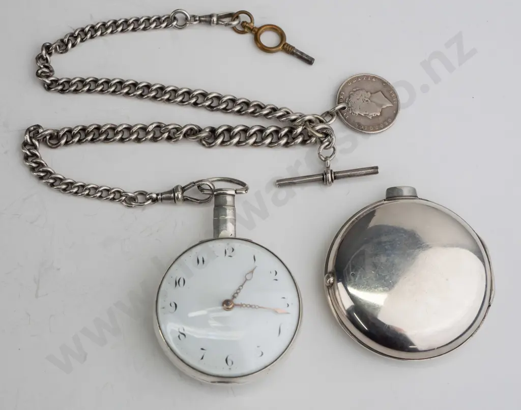 sterling silver pocket watch on fob chain (outer case 41.8gm, watch case and chain 74gm) - going Image 1++