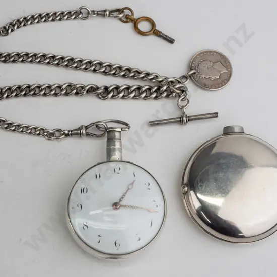 sterling silver pocket watch on fob chain (outer case 41.8gm, watch case and chain 74gm) - going
