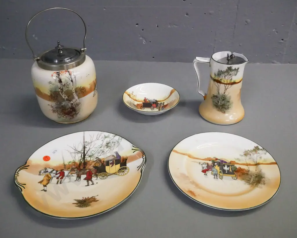 5x Royal Doulton coaching scene: biscuit barrel w/ plated rim lid & handle, jug w/ plated hinged lid, cake plate, plate, Image 1++
