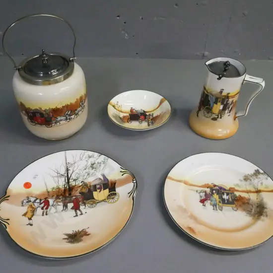 5x Royal Doulton coaching scene: biscuit barrel w/ plated rim lid & handle, jug w/ plated hinged lid, cake plate, plate,