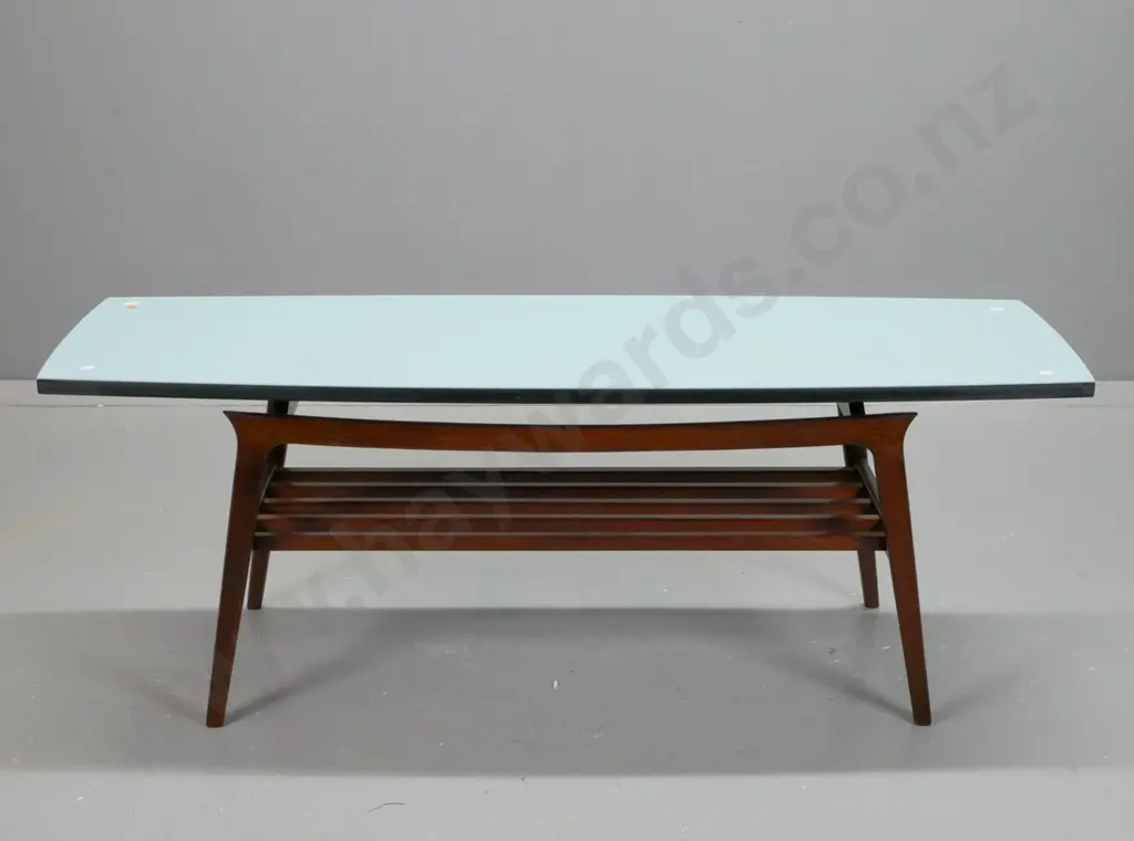 retro mahogany coffee table with slatted magazine rack, light blue painted top with black edging - some stains to top. Image 1++