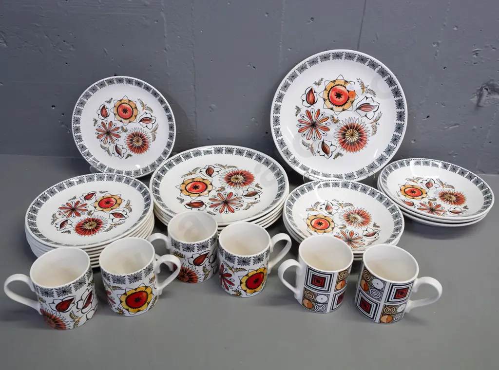 assorted retro Broadhurst Ironstone "Calypso" table ware - 6 dinner plates D-255, 8 side plates, 6 bowls, 6 mugs Image 1++