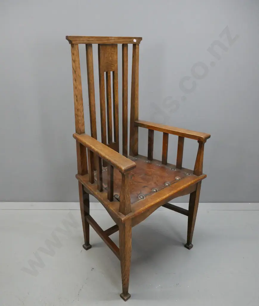 vintage oak Arts & Crafts wind-out table w/ one leaf, winding mechanism & handle works. 6x chairs: 4 diners + 2 carvers Image 1++