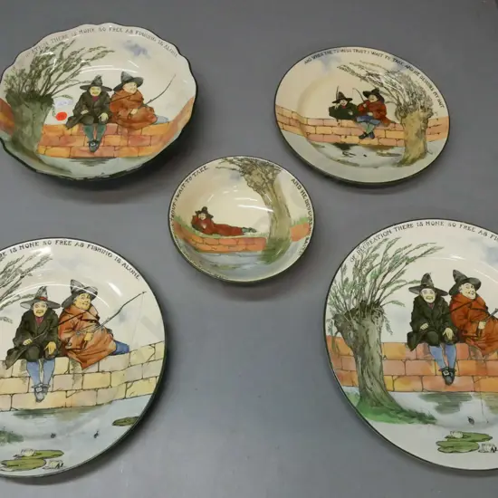 5x Royal Doulton The Gallant Fishers: large bowl, small bowl, 3x plates of varying sizes. Staining & discolouration on 2