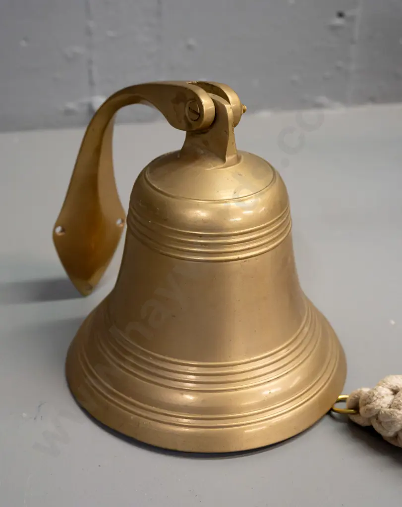 cast brass bell on swiveling wall bracket with plaited cord pull - bell is H-155 D-135 Image 1++