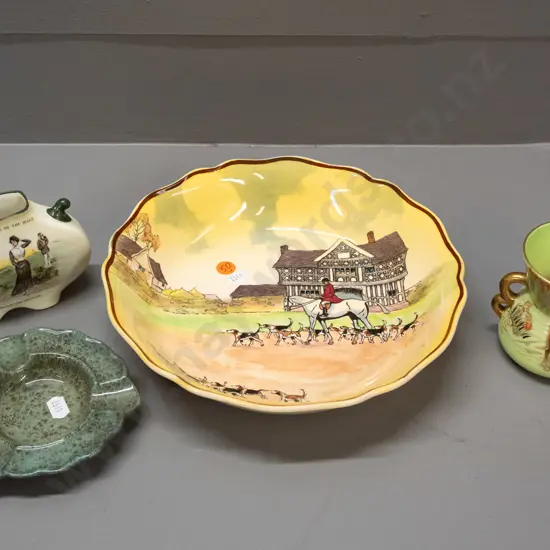 Royal Doulton small "Gibson girl" golf vase, scalloped edge hunting scene bowl, Titanian ware ashtray, and a Carlton5941