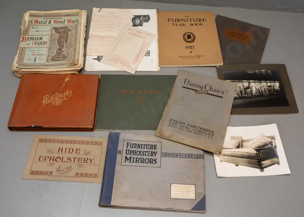 collection of vintage furniture catalogues and photographs, some stamped A&J White, including photo of A&J White Image 1++