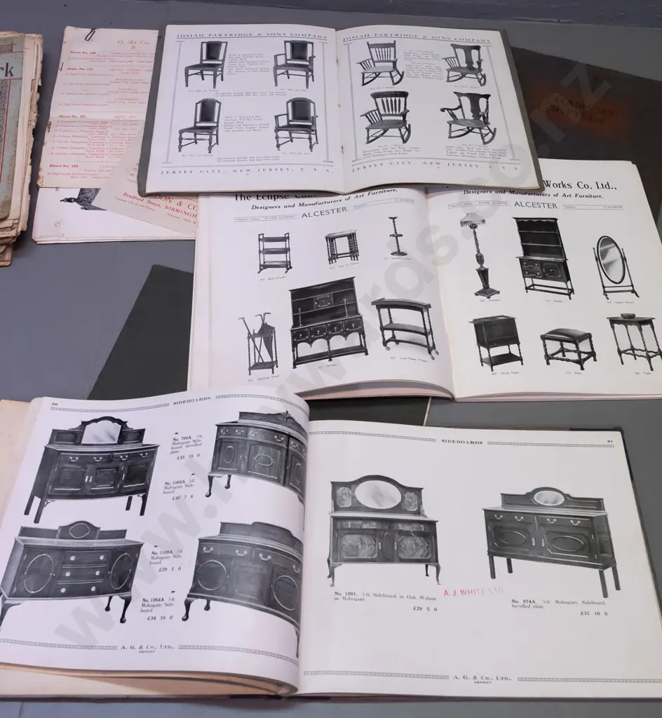 collection of vintage furniture catalogues and photographs, some stamped A&J White, including photo of A&J White Image 1++