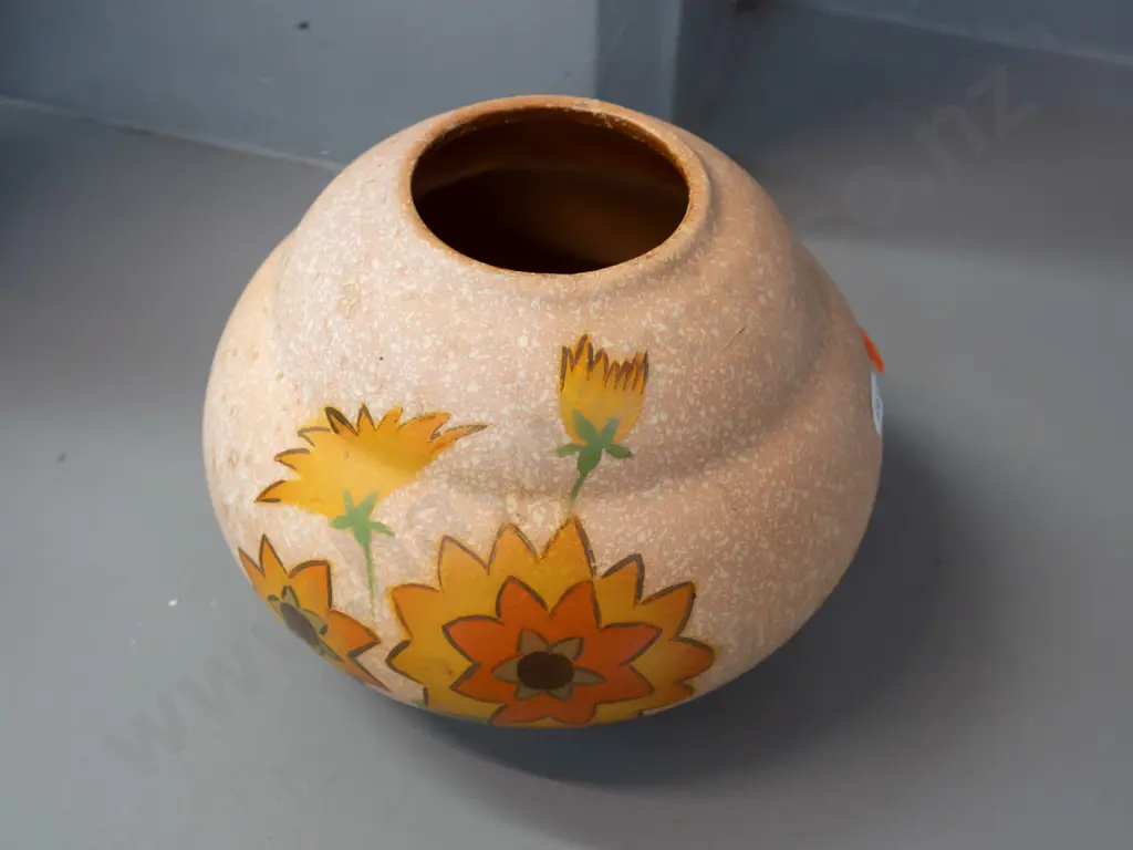 art deco style (Crown Lynn?) floral motif vase marked "38." on base - see photo of base for details. Minor staining. Image 1++