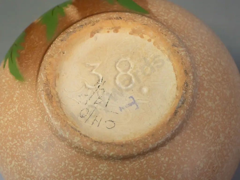 art deco style (Crown Lynn?) floral motif vase marked "38." on base - see photo of base for details. Minor staining. Image 1++