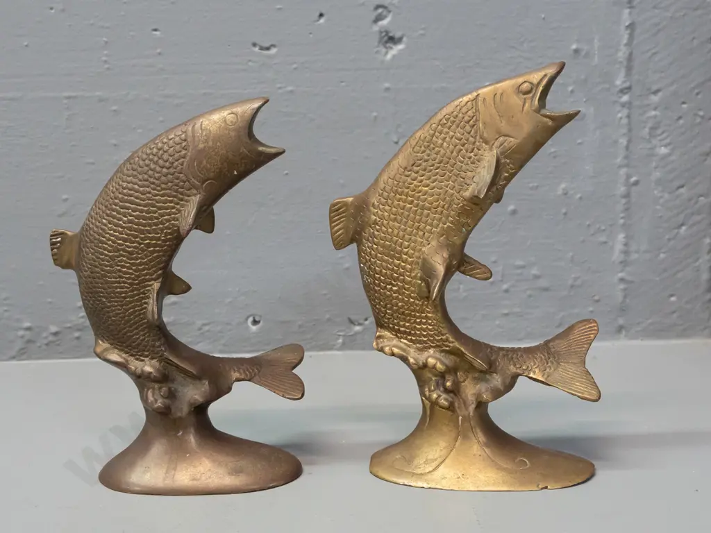 2 cast brass leaping salmon or trout figures, one with finer detail is slightly taller H-190 Image 1++