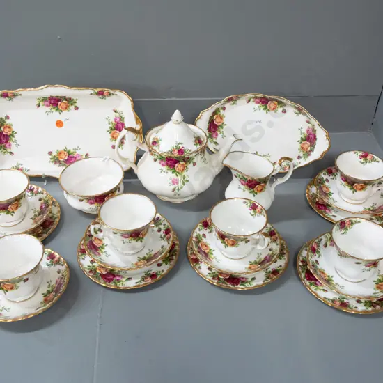 Royal Albert Old Country Roses tea ware - teapot, cream & sugar, 2 trays, 5 trios, cup & saucer - needs cleaning