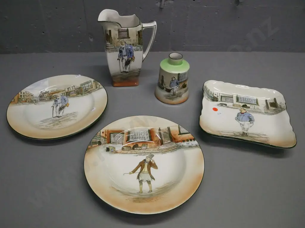 5x Royal Doulton Dickensware: jug Old Peggoty, tray Fat Boy, squat vase Fat Boy, plate Trotty Veck, plate Old Peggoty. Image 1++
