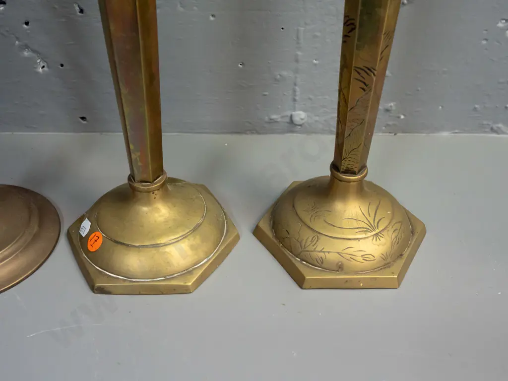 2 pairs of brass candlesticks - engraved larger pair not quite matching, and open-twist pair has some corrosion to base Image 1++
