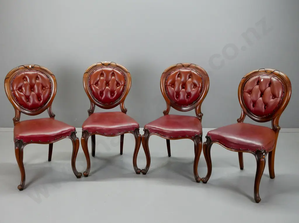 set of 4 Victorian mahogany dining chairs - deep button vinyl upholstered backs w/ studded edging, sweeping cabriolet Image 1++