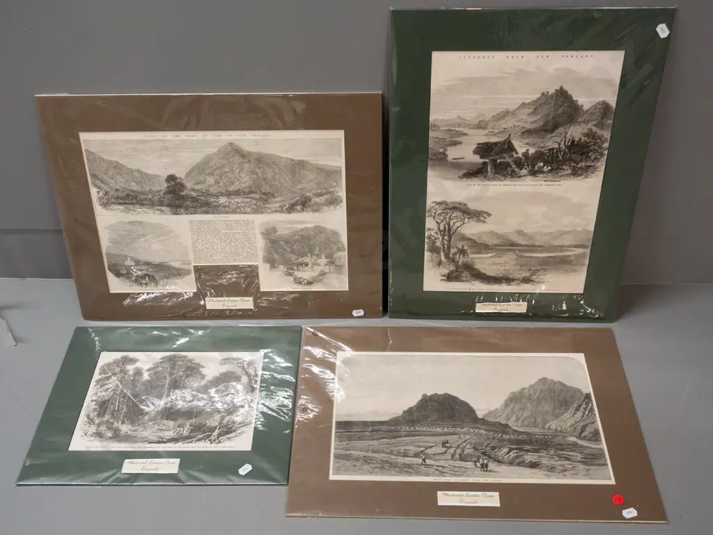 4 mat boards with mounted Illustrated London News illustrations of New Zealand Scenes circa 1864 - largest is H470 W340 Image 1++