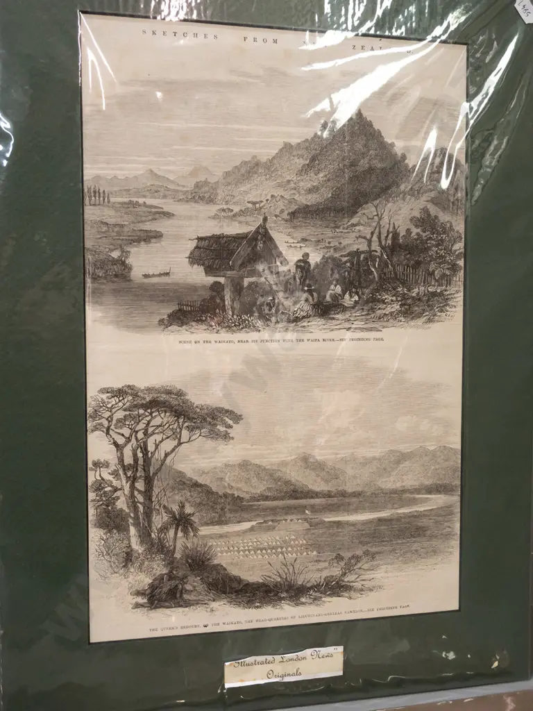 4 mat boards with mounted Illustrated London News illustrations of New Zealand Scenes circa 1864 - largest is H470 W340 Image 1++